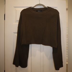 Olivaceous Size M Flare Sleeve, Slightly Cropped Olive Green Sweater